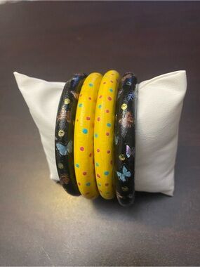 Hand-Painted Yellow and Black Wooden Bangle Set